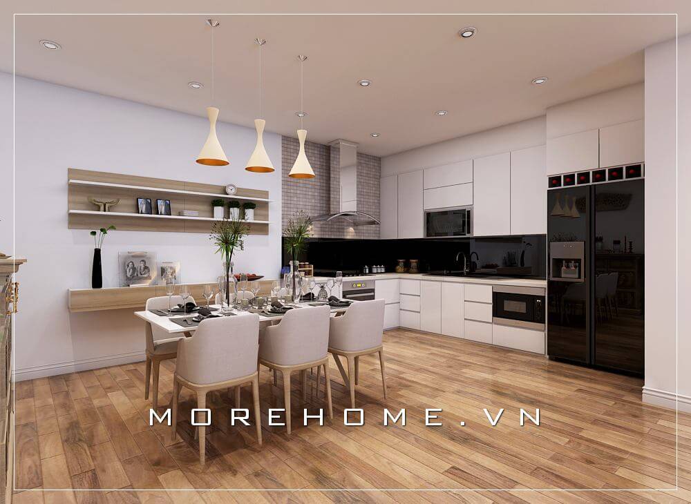 Mẫu tủ bếp gỗ acrylic màu trắng chữ L, mặt bếp ốp đá trắng cao cấp tạo nên không gian sạch sẽ và tiện nghi cho người sử dụng